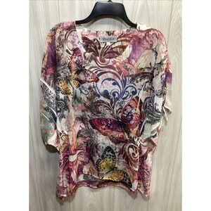 CLOSET FULL Women's (Size XL) Short Sleeve Round Neck Butterfly Shirt Polyester